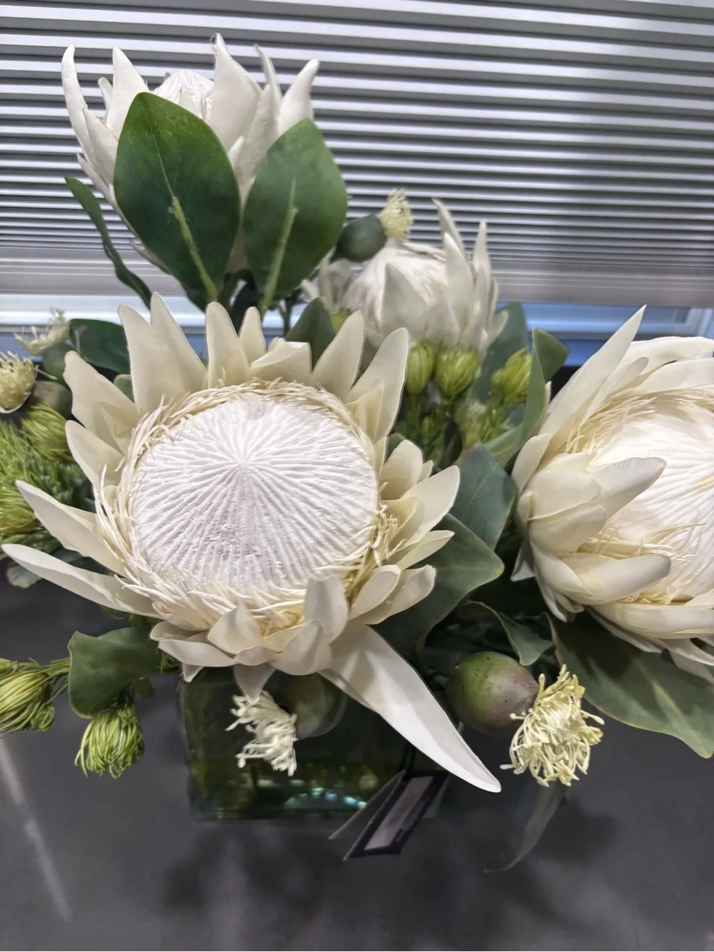 Allstate living Cream Protea Faux Floral Arrangement in Clear Glass Vase